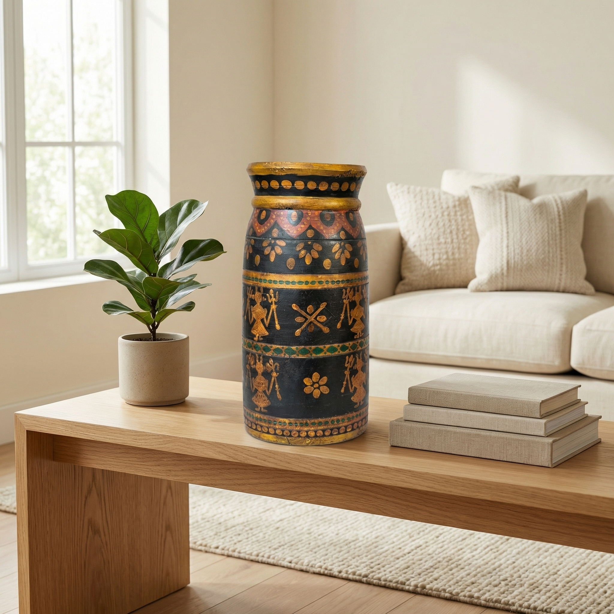 Tribal Wooden Vase Multi colour | 30x16x16cm