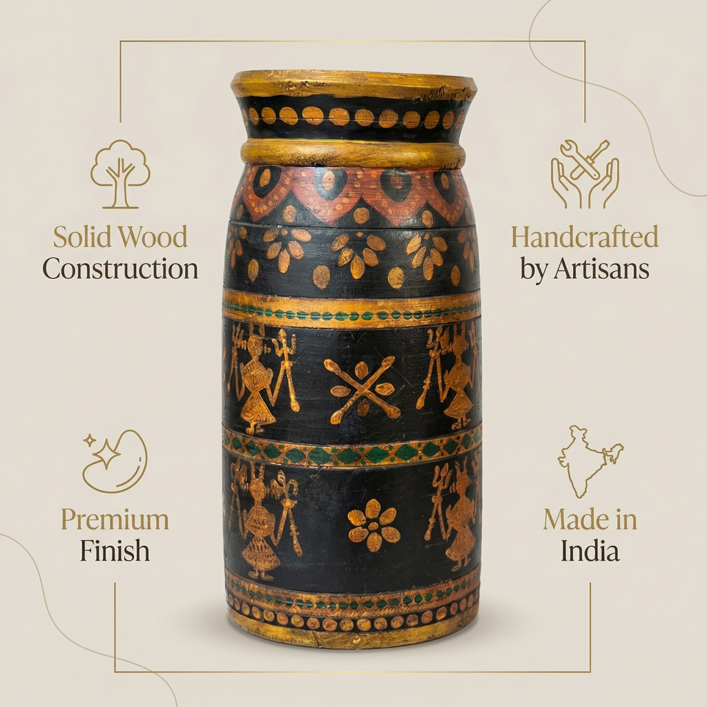 Tribal Wooden Vase Multi colour | 30x16x16cm