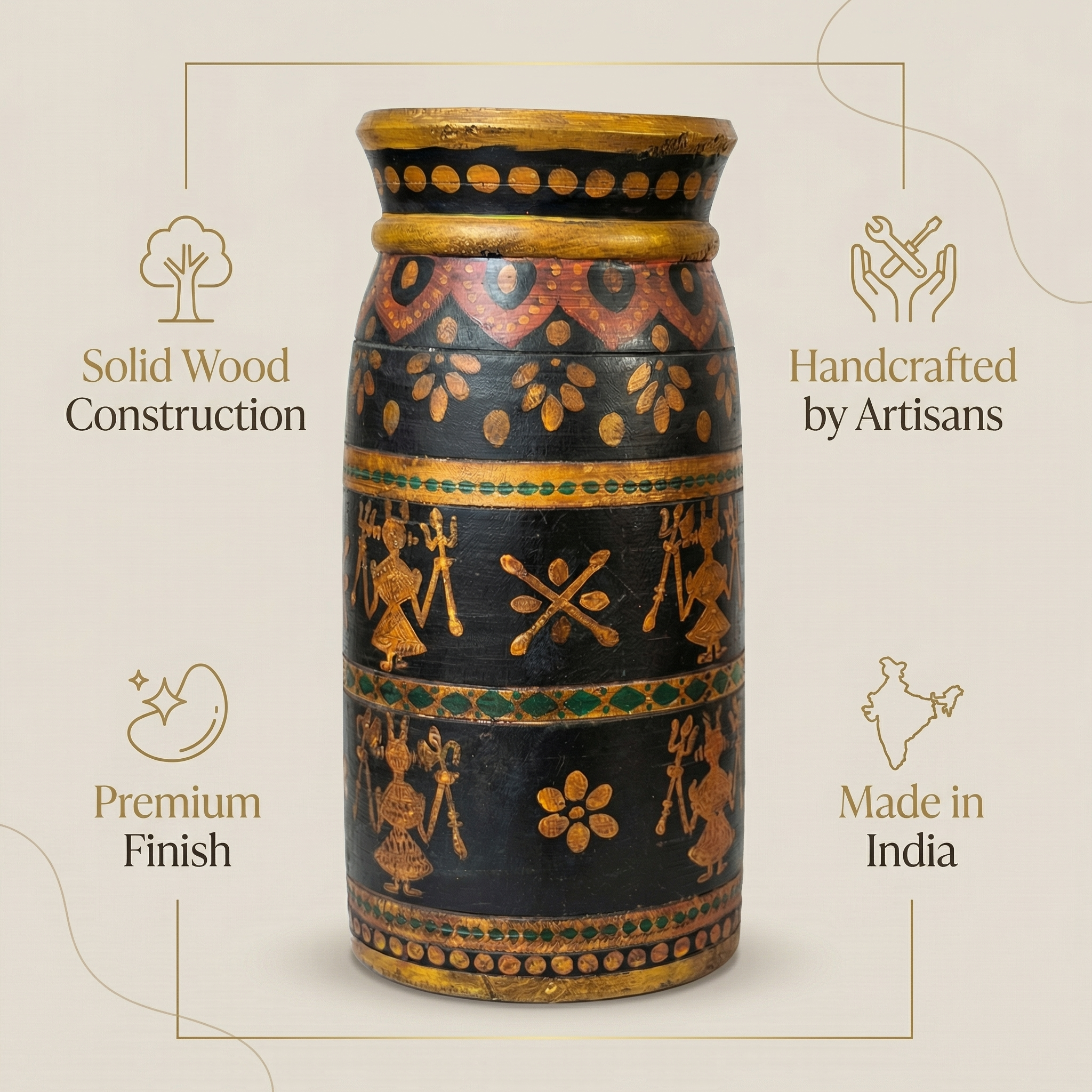 Tribal Wooden Vase Multi colour | 30x16x16cm