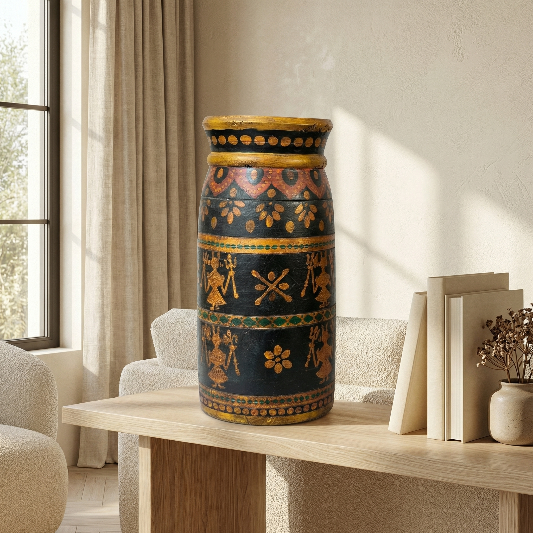 Tribal Wooden Vase Multi colour | 30x16x16cm