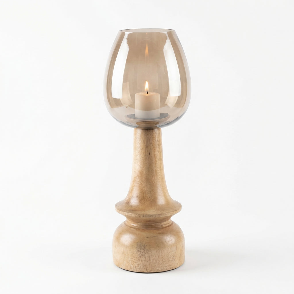 Hurricane Candle Stand | Wooden | Brown Glass 52x18x18cm