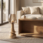Hurricane Candle Stand | Wooden | Brown Glass 52x18x18cm