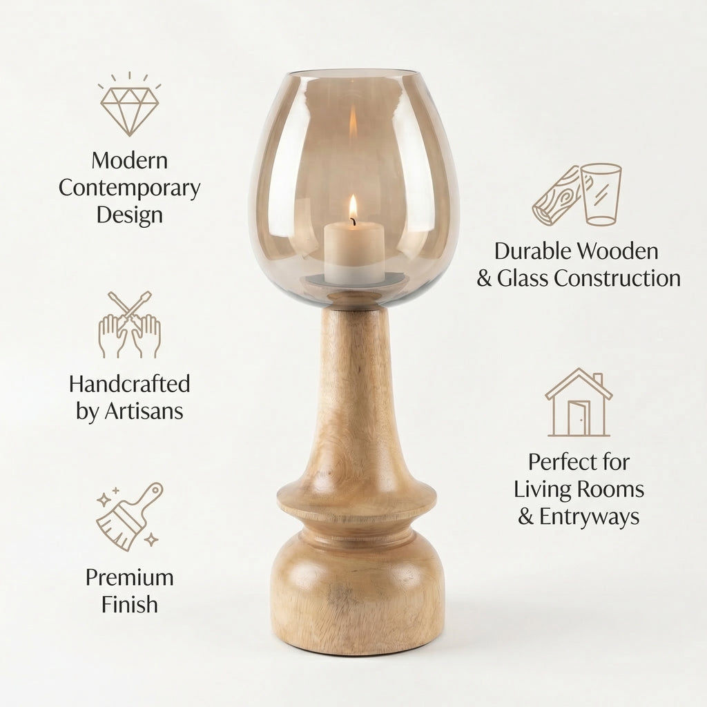 Hurricane Candle Stand | Wooden | Brown Glass 52x18x18cm