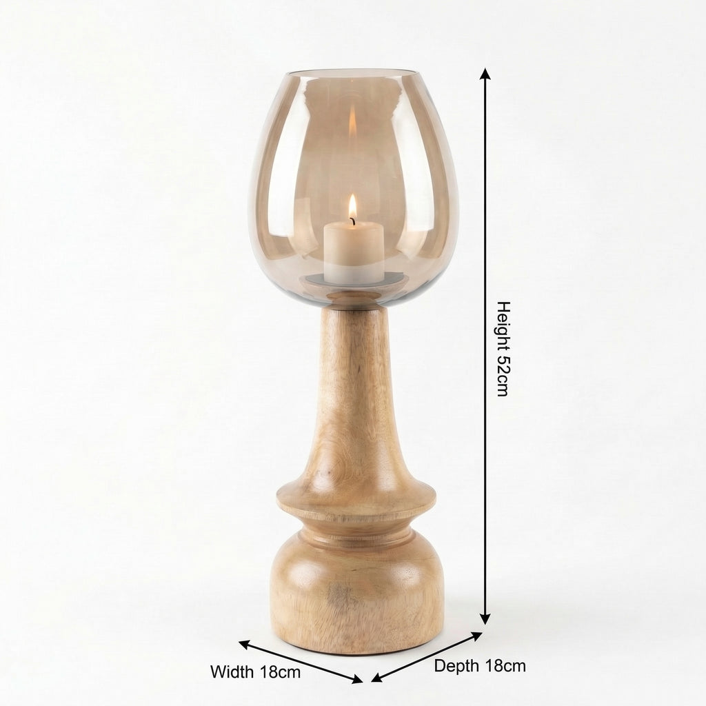 Hurricane Candle Stand | Wooden | Brown Glass 52x18x18cm