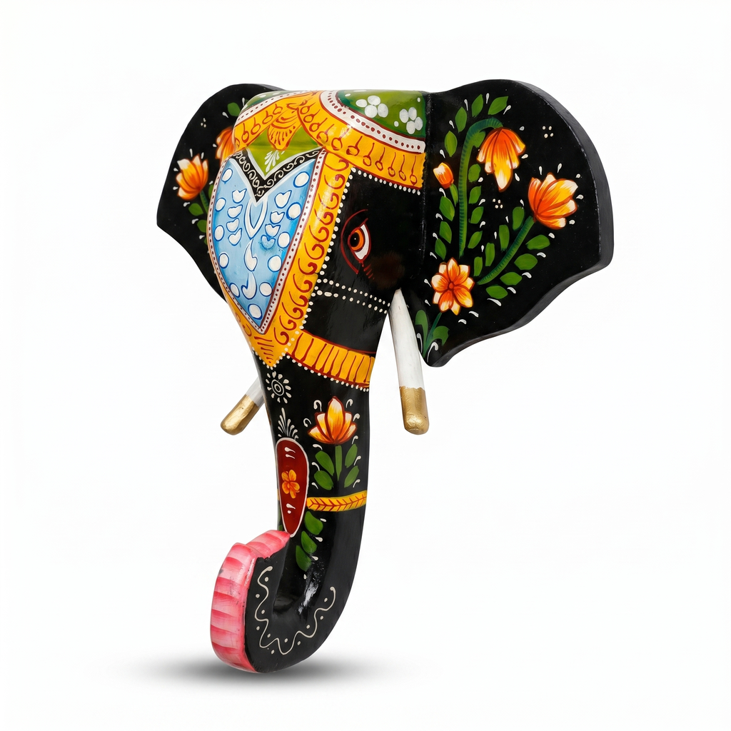 Handpainted Wooden Elephant Wall Decor | Black | 15x14x4 Inch