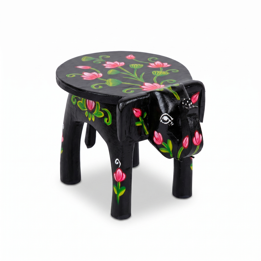 Wooden Elephant Stool | Lotus Black | 24x15x13 cm