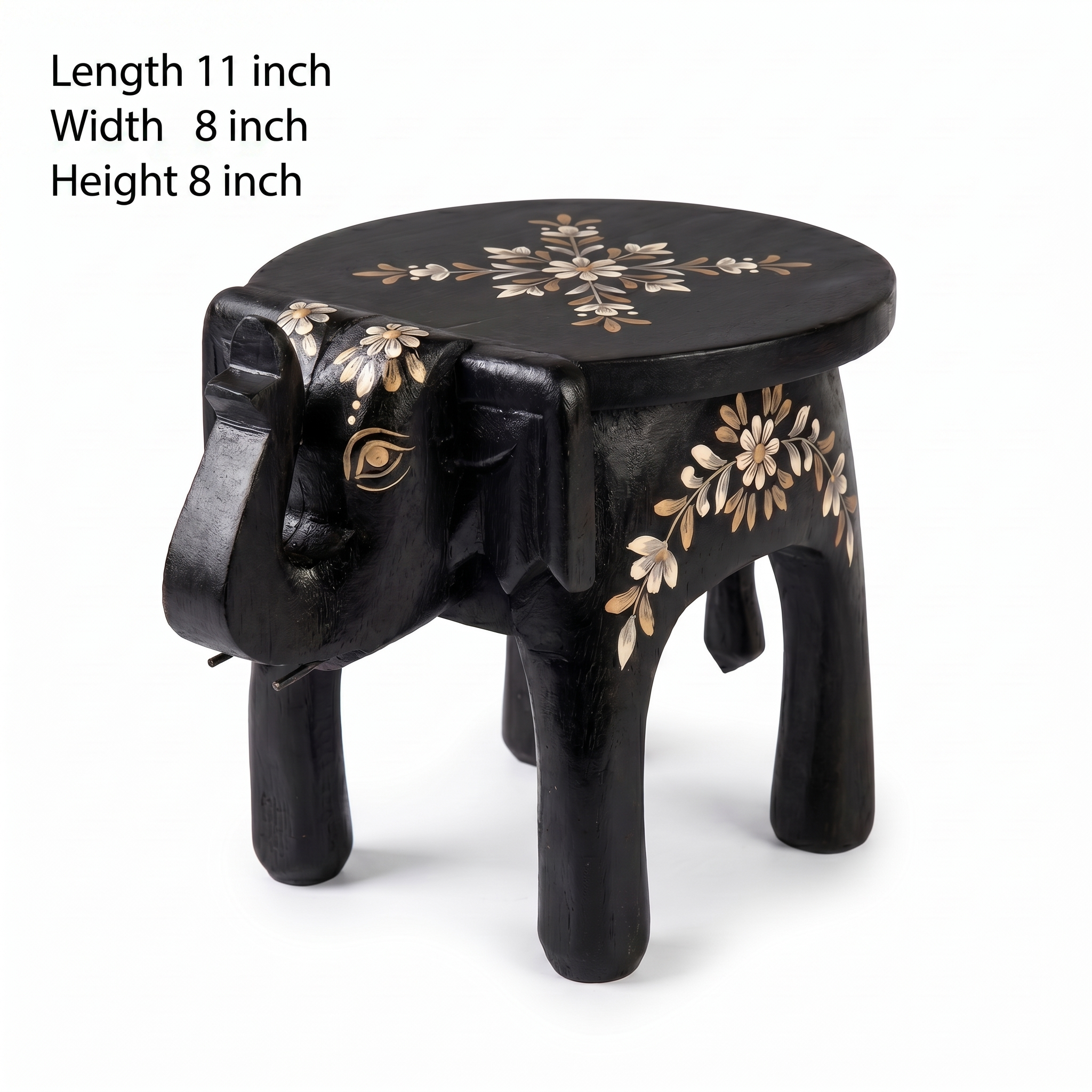 Wooden Elephant Stool | Black with White Flower Motifs | 11x8x8 inches