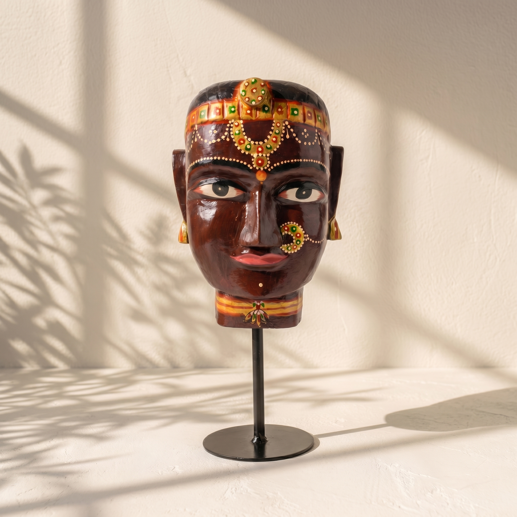(Set of 2) Gauri Head on Iron Stand | Yellow & Brown | 30x16x16cm
