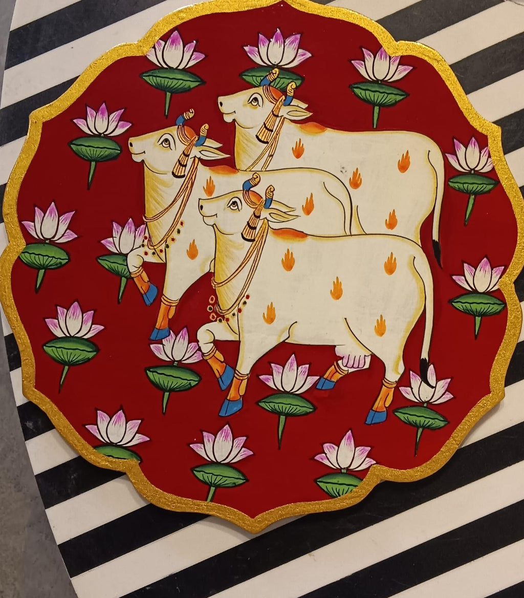 Wooden Pichwai Wall Plate | 9.5 Inches | Handpainted | Red Nandi
