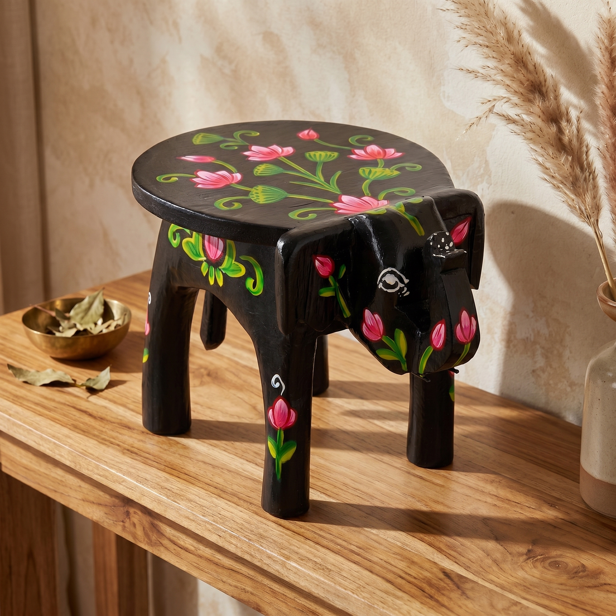 Wooden Elephant Stool | Lotus Black | 24x15x13 cm
