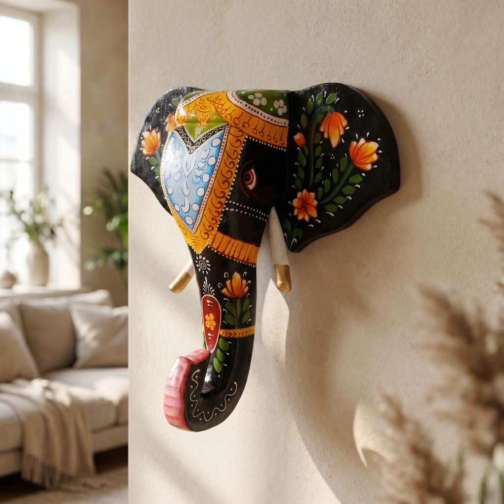 Handpainted Wooden Elephant Wall Decor | Black | 15x14x4 Inch