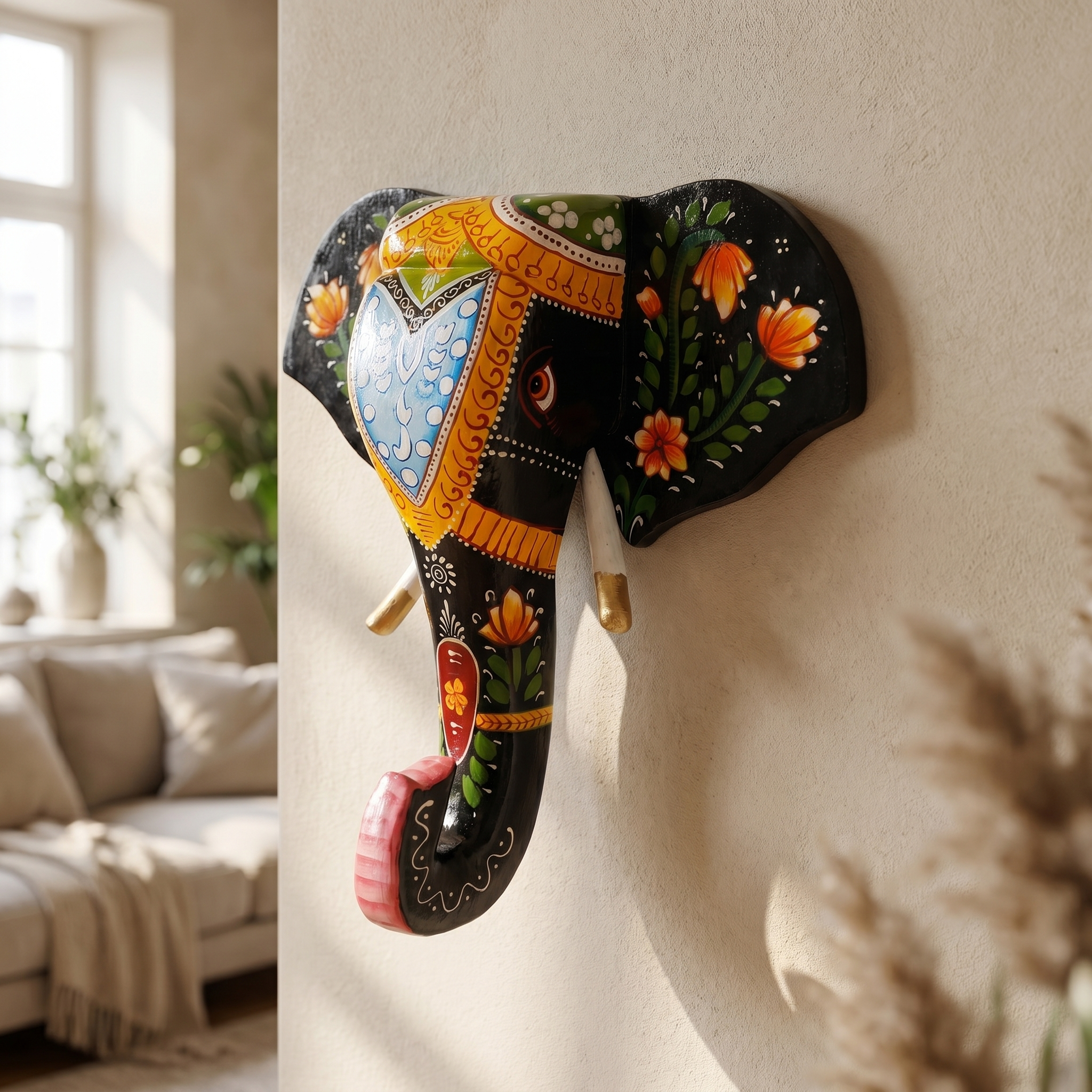Handpainted Wooden Elephant Wall Decor | Black | 15x14x4 Inch