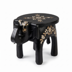 Wooden Elephant Stool | Black with White Flower Motifs | 11x8x8 inches