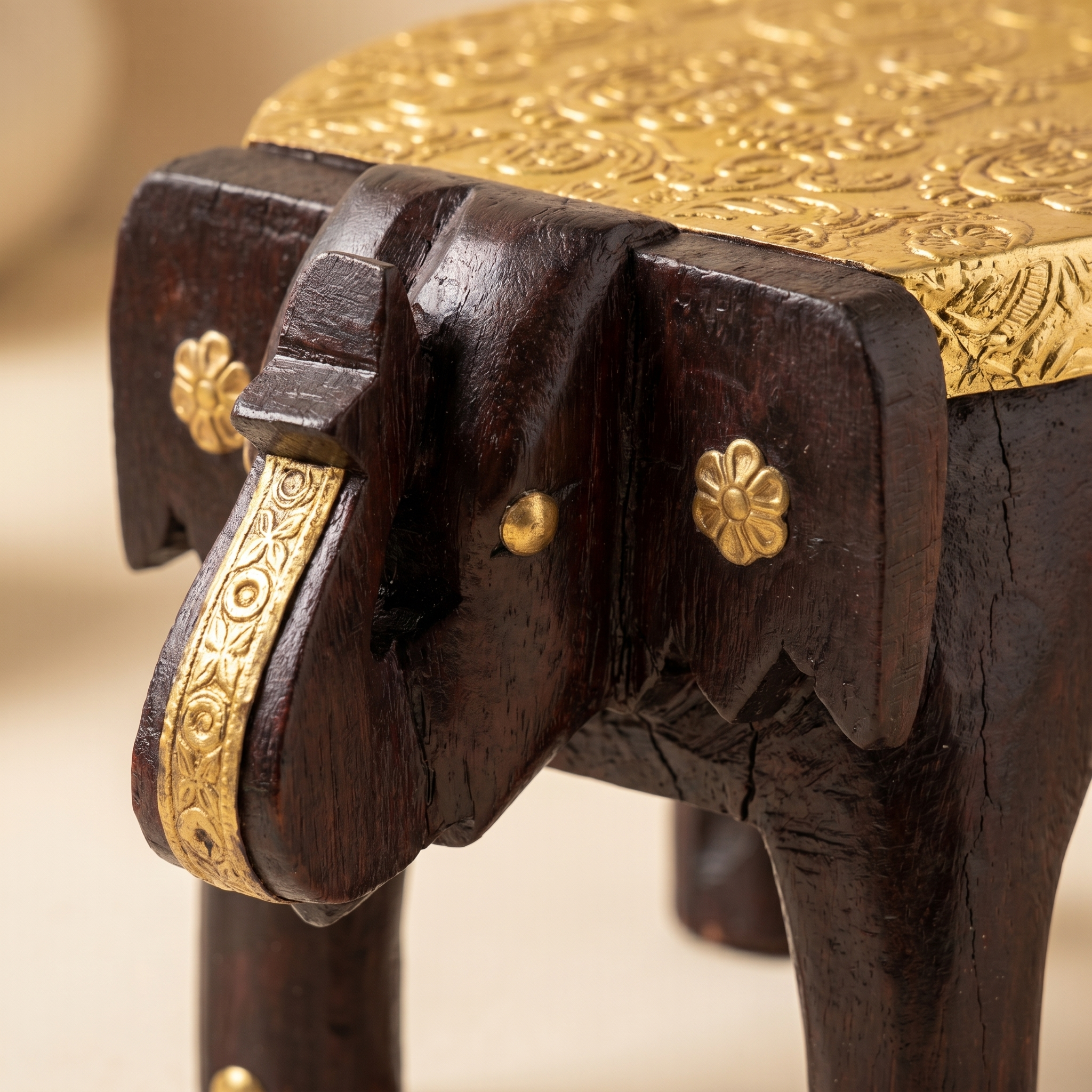 Wooden Elephant Stool | Brass Fitting | 17x10x10 cm
