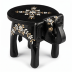 Wooden Elephant Stool | Black with White Flower Motifs | 11x8x8 inches