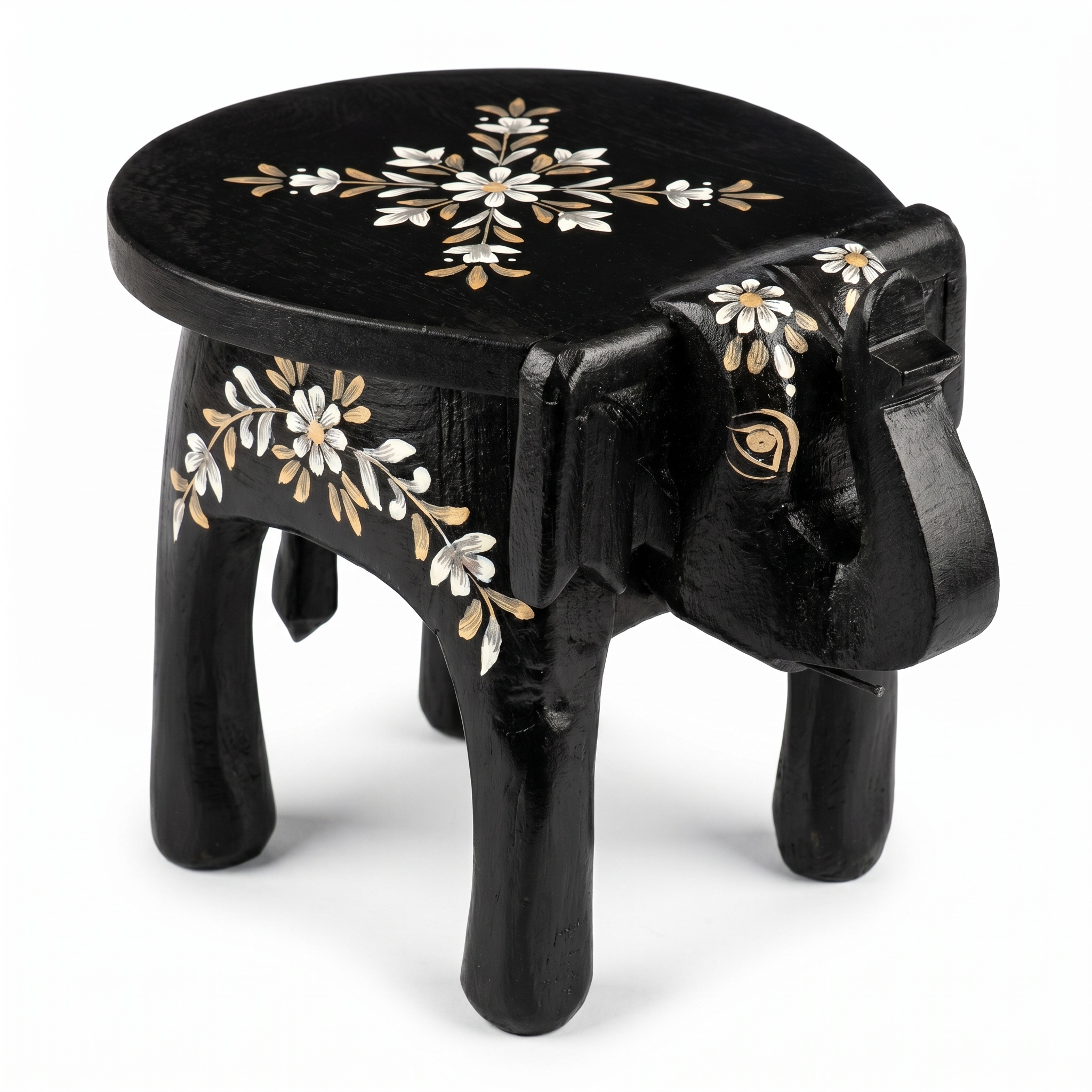 Wooden Elephant Stool | Black with White Flower Motifs | 11x8x8 inches
