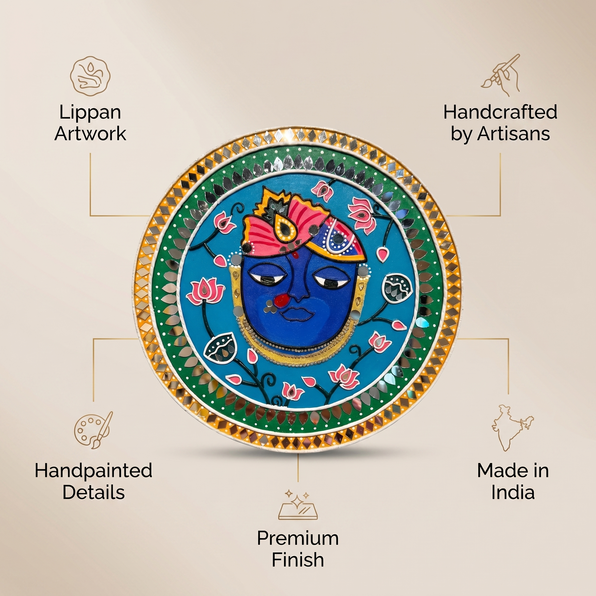 Lippan Art Wall Plate | Shree Nath Ji | 12x12x0.5 Inch
