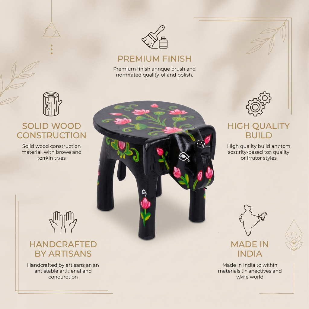 Wooden Elephant Stool | Lotus Black | 24x15x13 cm
