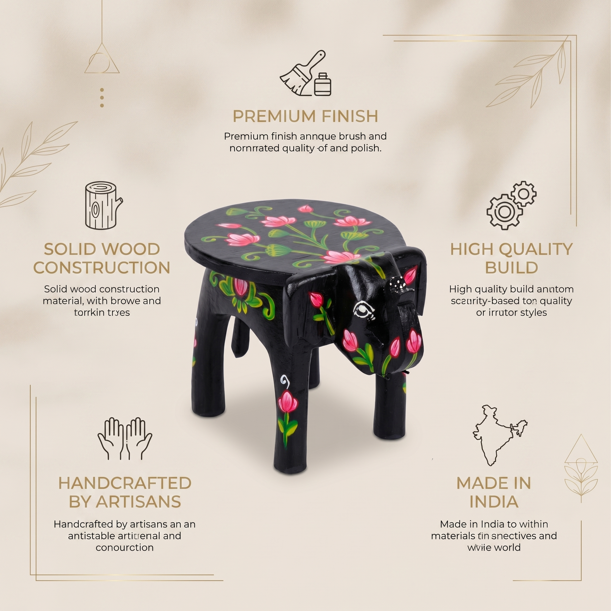Wooden Elephant Stool | Lotus Black | 24x15x13 cm
