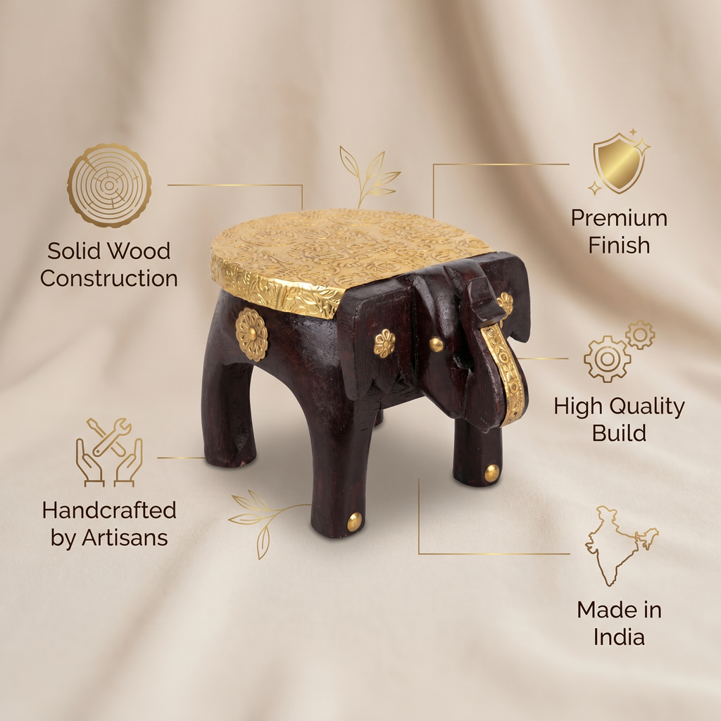 Wooden Elephant Stool | Brass Fitting | 17x10x10 cm