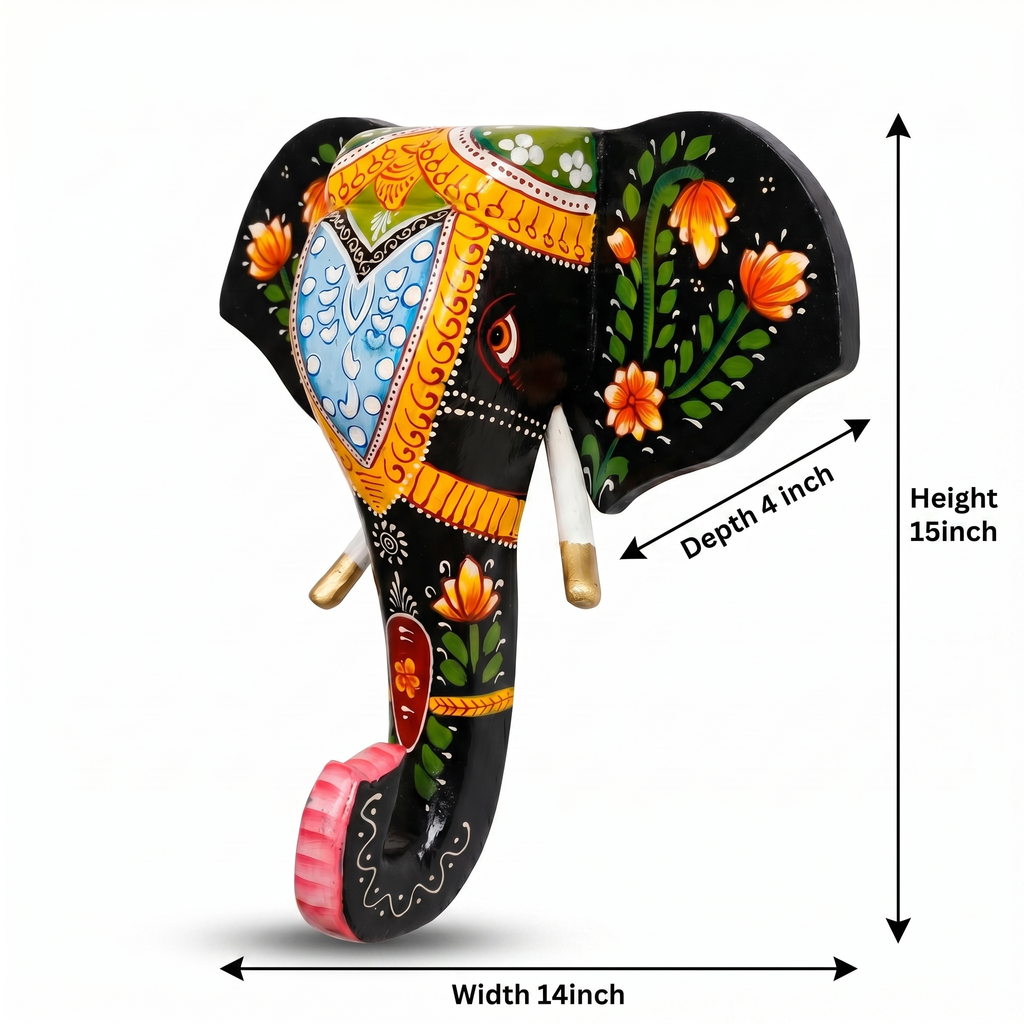 Handpainted Wooden Elephant Wall Decor | Black | 15x14x4 Inch