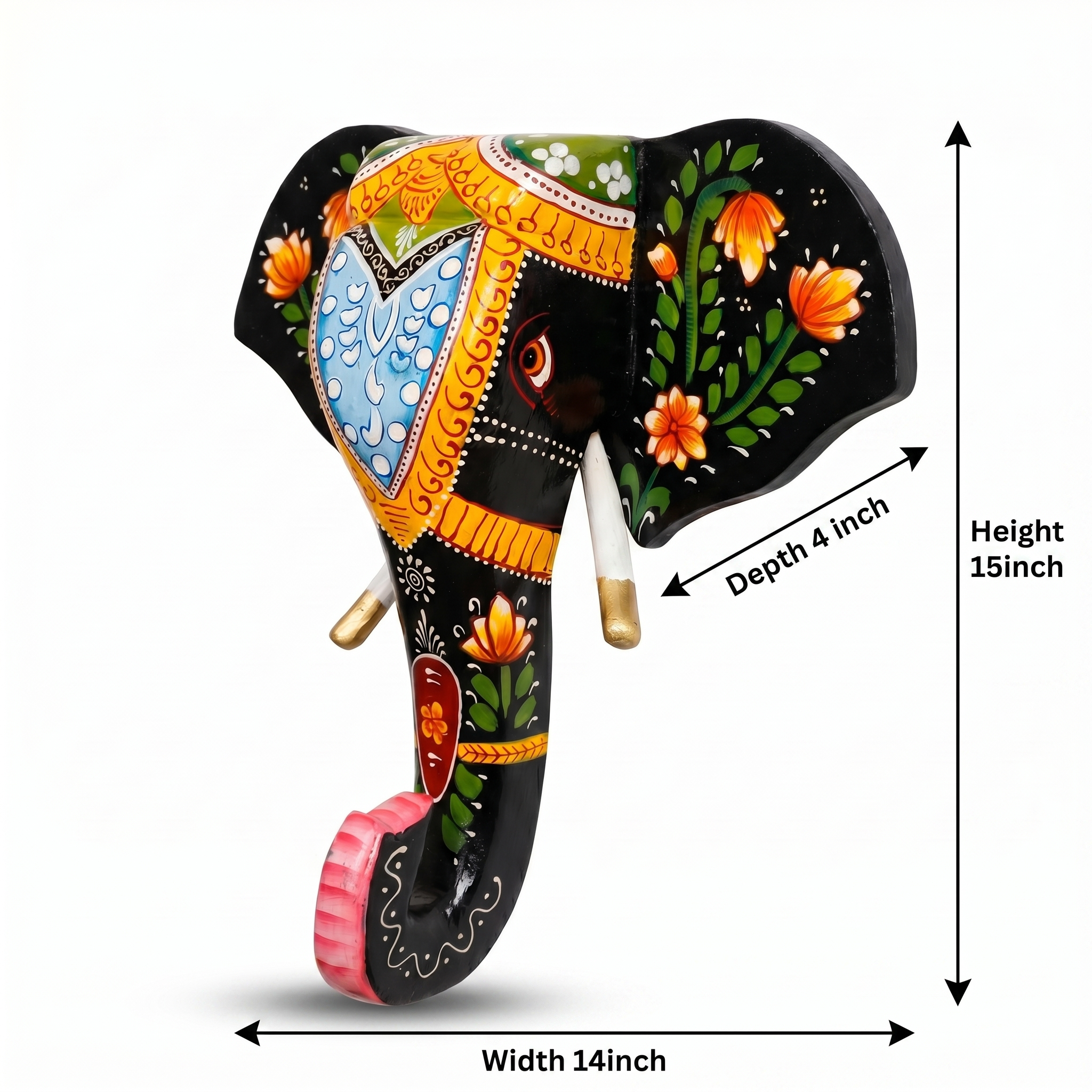 Handpainted Wooden Elephant Wall Decor | Black | 15x14x4 Inch