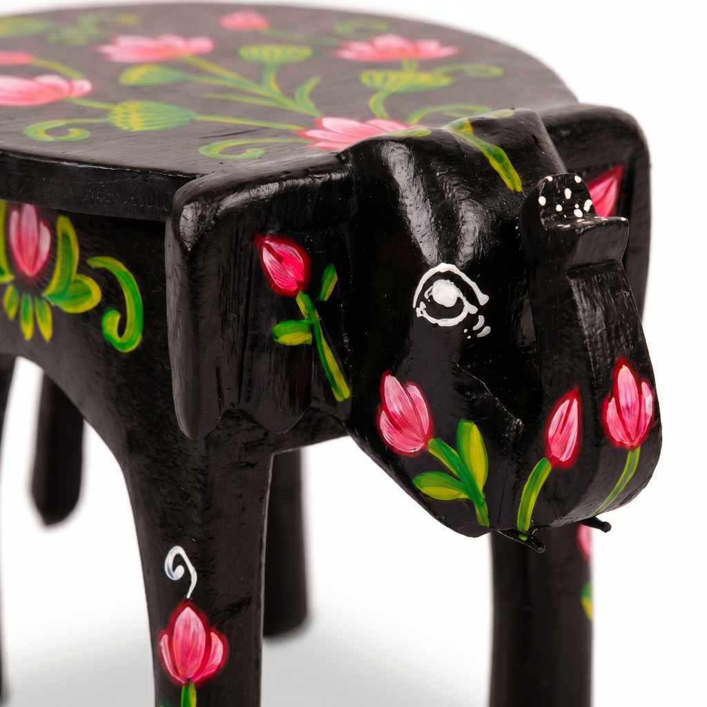 Wooden Elephant Stool | Lotus Black | 24x15x13 cm