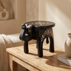 Wooden Elephant Stool | Black with White Flower Motifs | 11x8x8 inches