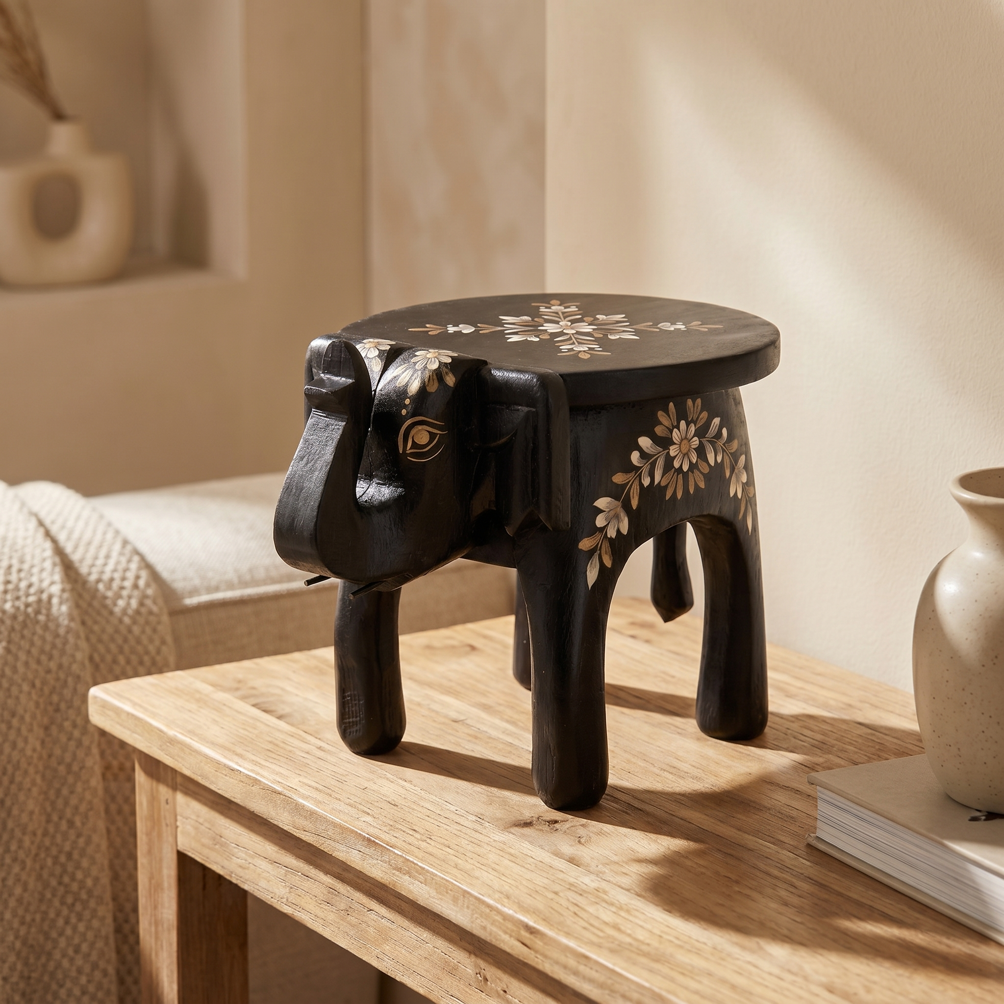 Wooden Elephant Stool | Black with White Flower Motifs | 11x8x8 inches