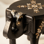 Wooden Elephant Stool | Black with White Flower Motifs | 11x8x8 inches