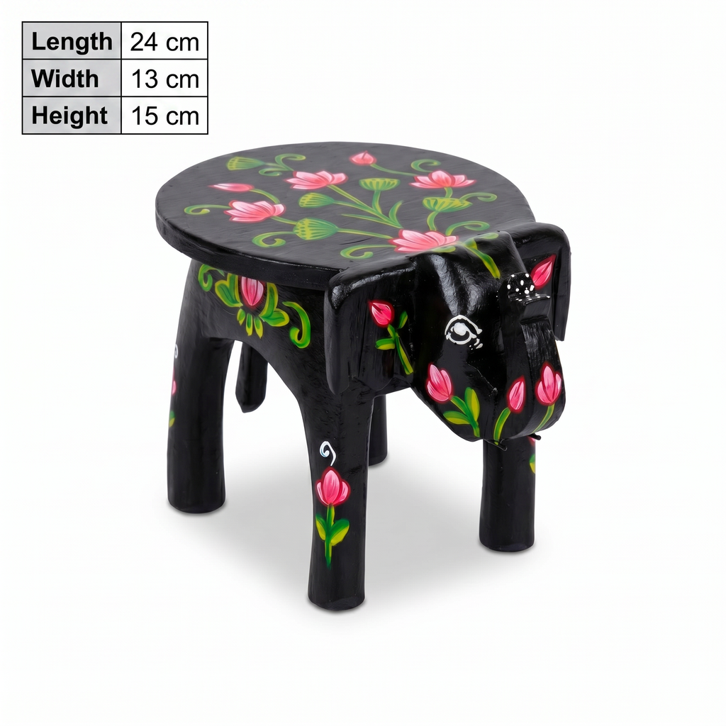 Wooden Elephant Stool | Lotus Black | 24x15x13 cm