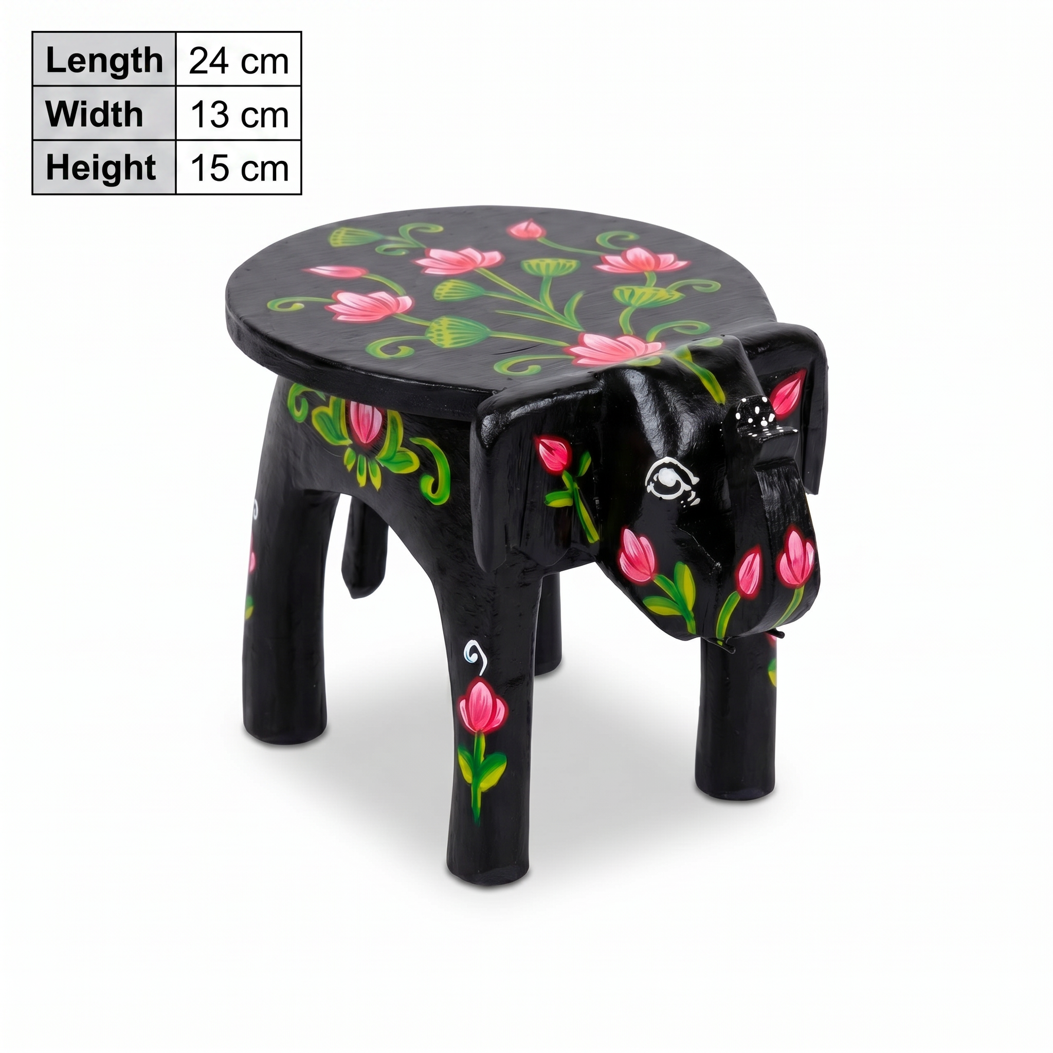 Wooden Elephant Stool | Lotus Black | 24x15x13 cm