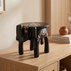 Wooden Elephant Stool | Black with White Flower Motifs | 11x8x8 inches