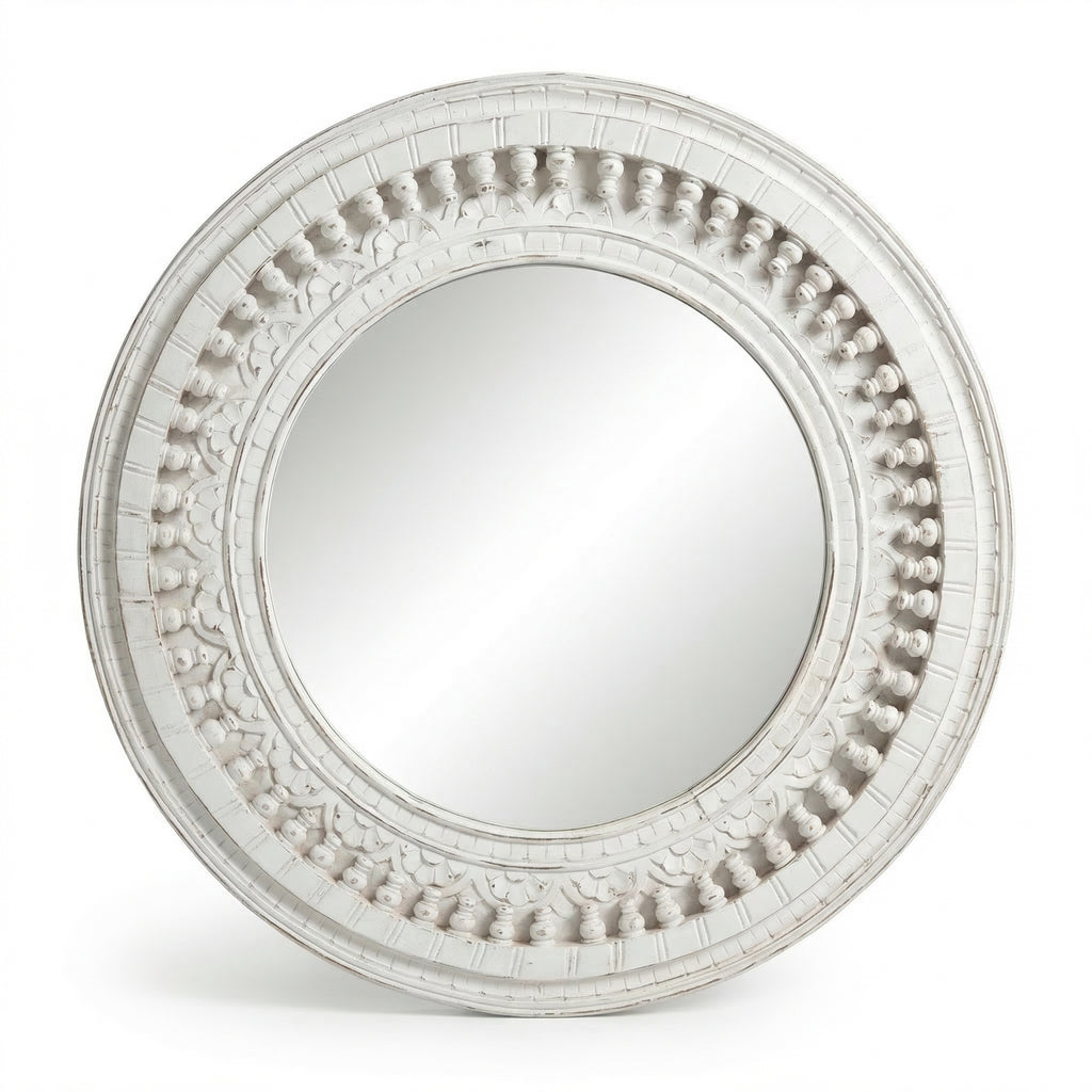 Distress White Round Mirror | 35x35x2.5 Inches