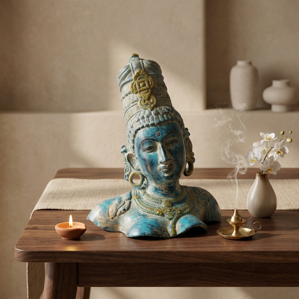 Brass Ma Parvati Idol | 12.6x9.1x7.3 Inches | Vintage Blue | 5.3Kg Approx