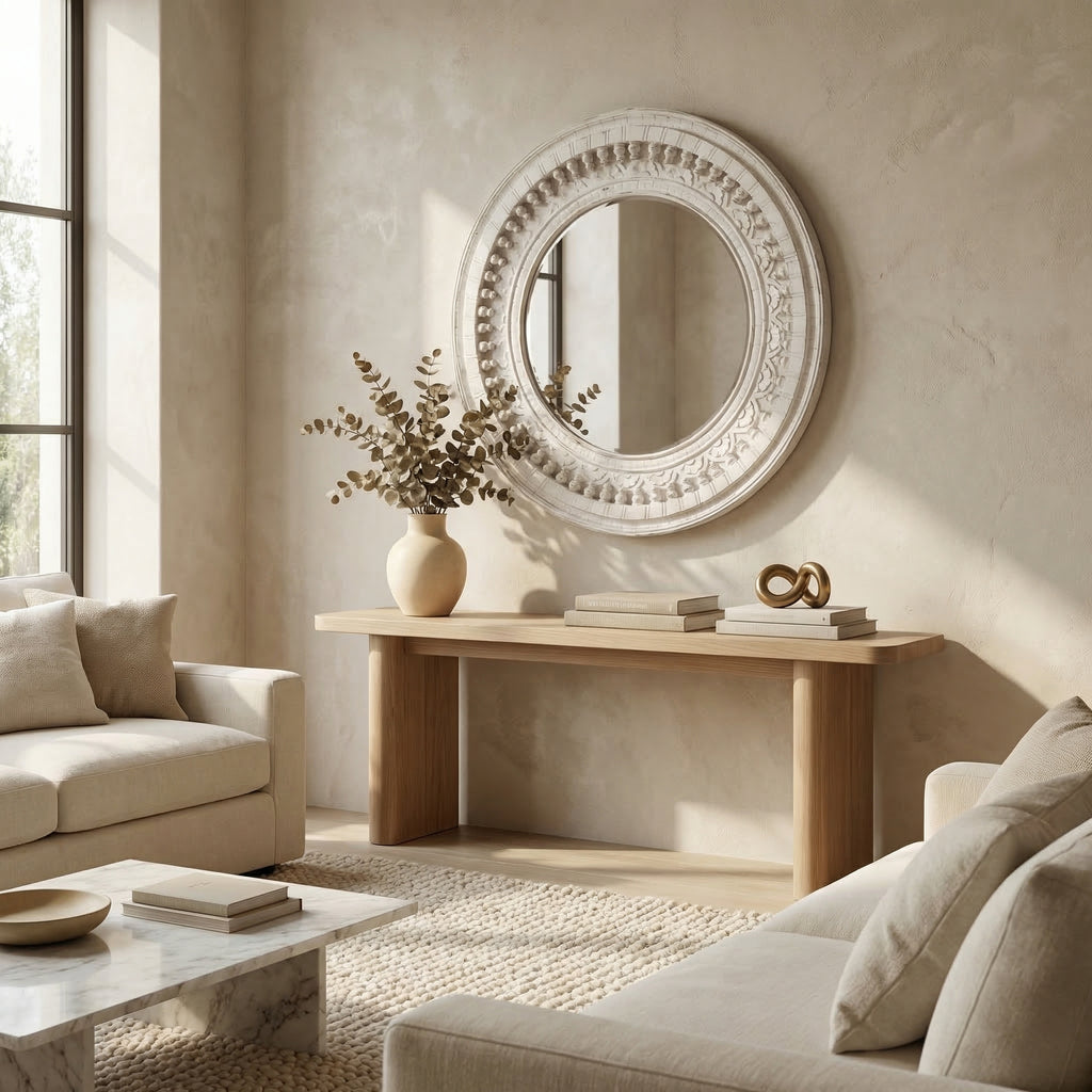 Distress White Round Mirror | 35x35x2.5 Inches