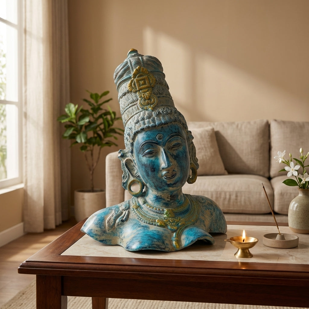 Brass Ma Parvati Idol | 12.6x9.1x7.3 Inches | Vintage Blue | 5.3Kg Approx