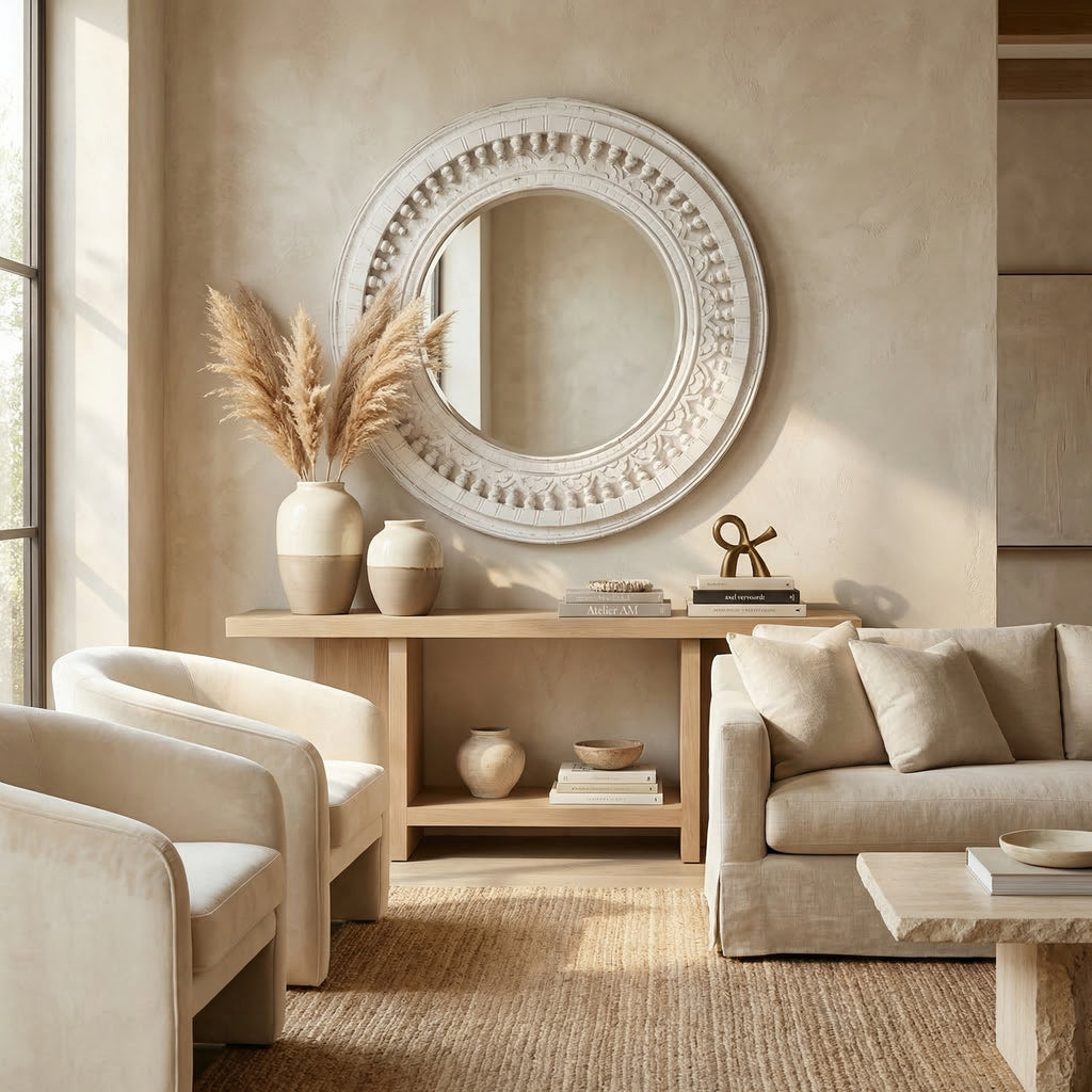 Distress White Round Mirror | 35x35x2.5 Inches