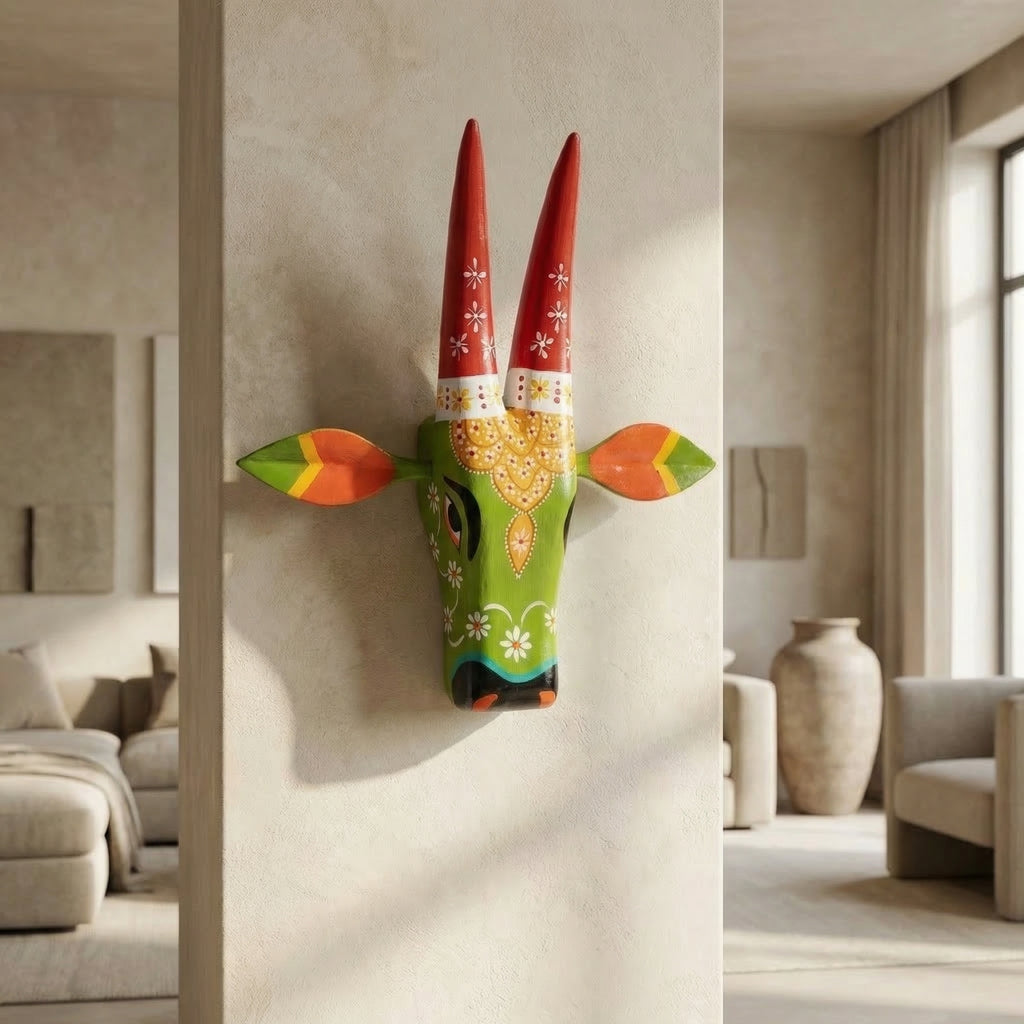 Handpainted Wooden Nandi/Cow Wall Decor | Green | 12x11x4 Inches