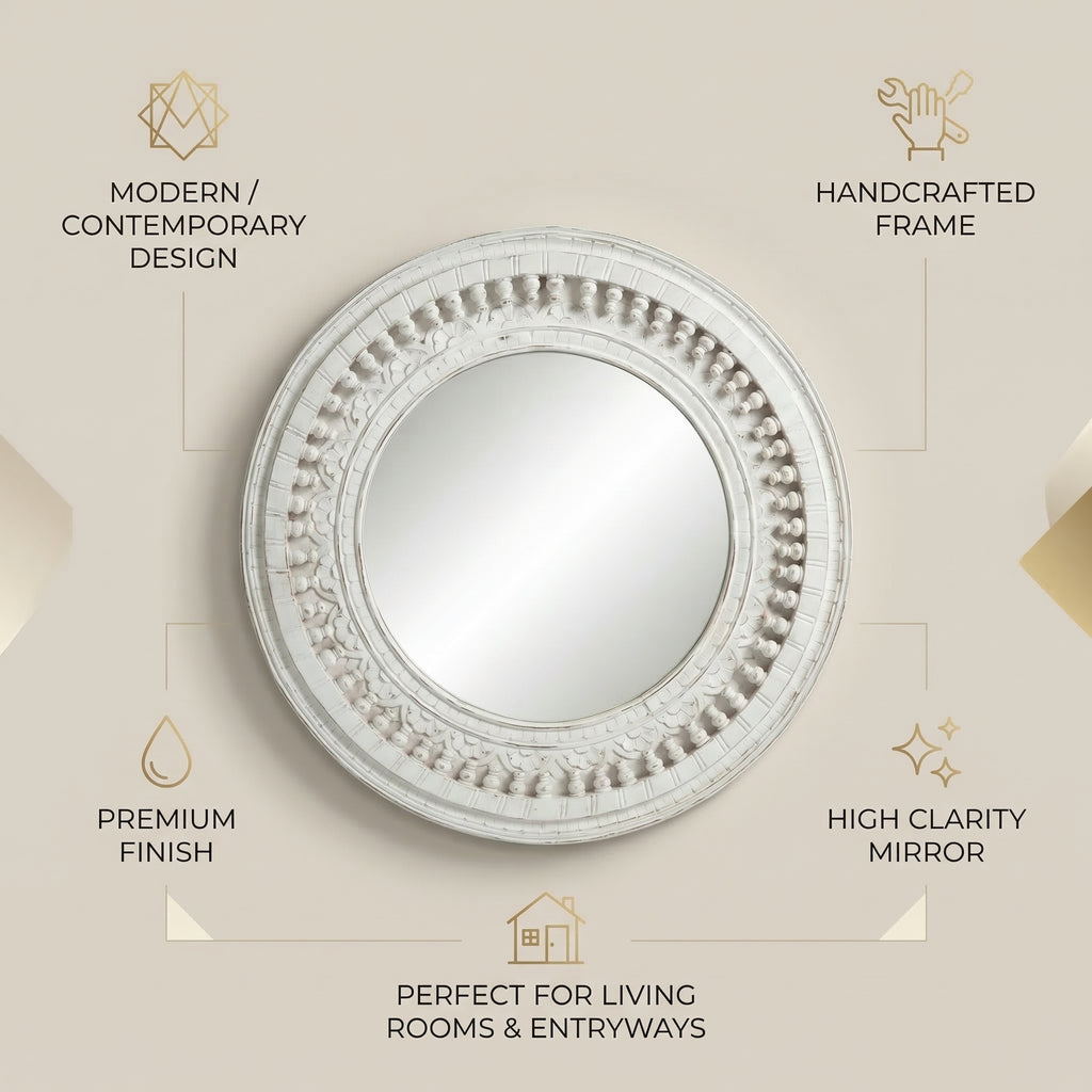 Distress White Round Mirror | 35x35x2.5 Inches