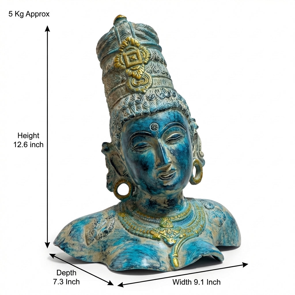 Brass Ma Parvati Idol | 12.6x9.1x7.3 Inches | Vintage Blue | 5.3Kg Approx