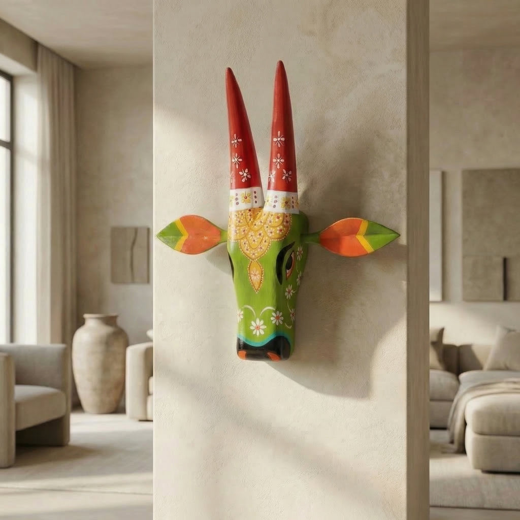 Handpainted Wooden Nandi/Cow Wall Decor | Green | 12x11x4 Inches