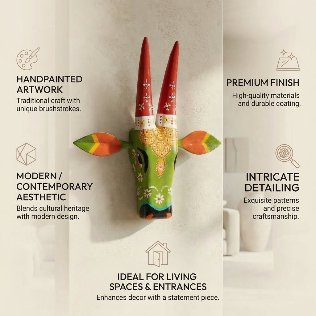 Handpainted Wooden Nandi/Cow Wall Decor | Green | 12x11x4 Inches