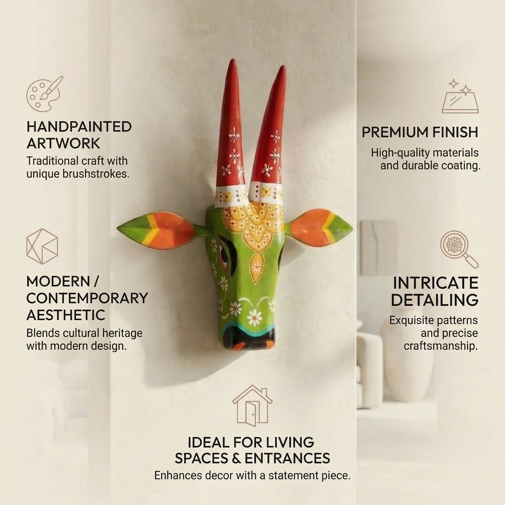 Handpainted Wooden Nandi/Cow Wall Decor | Green | 12x11x4 Inches