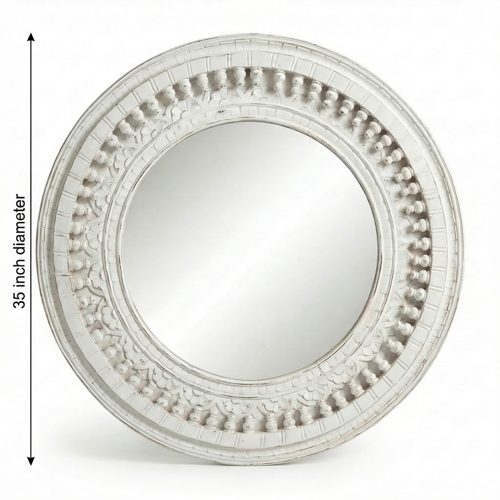 Distress White Round Mirror | 35x35x2.5 Inches