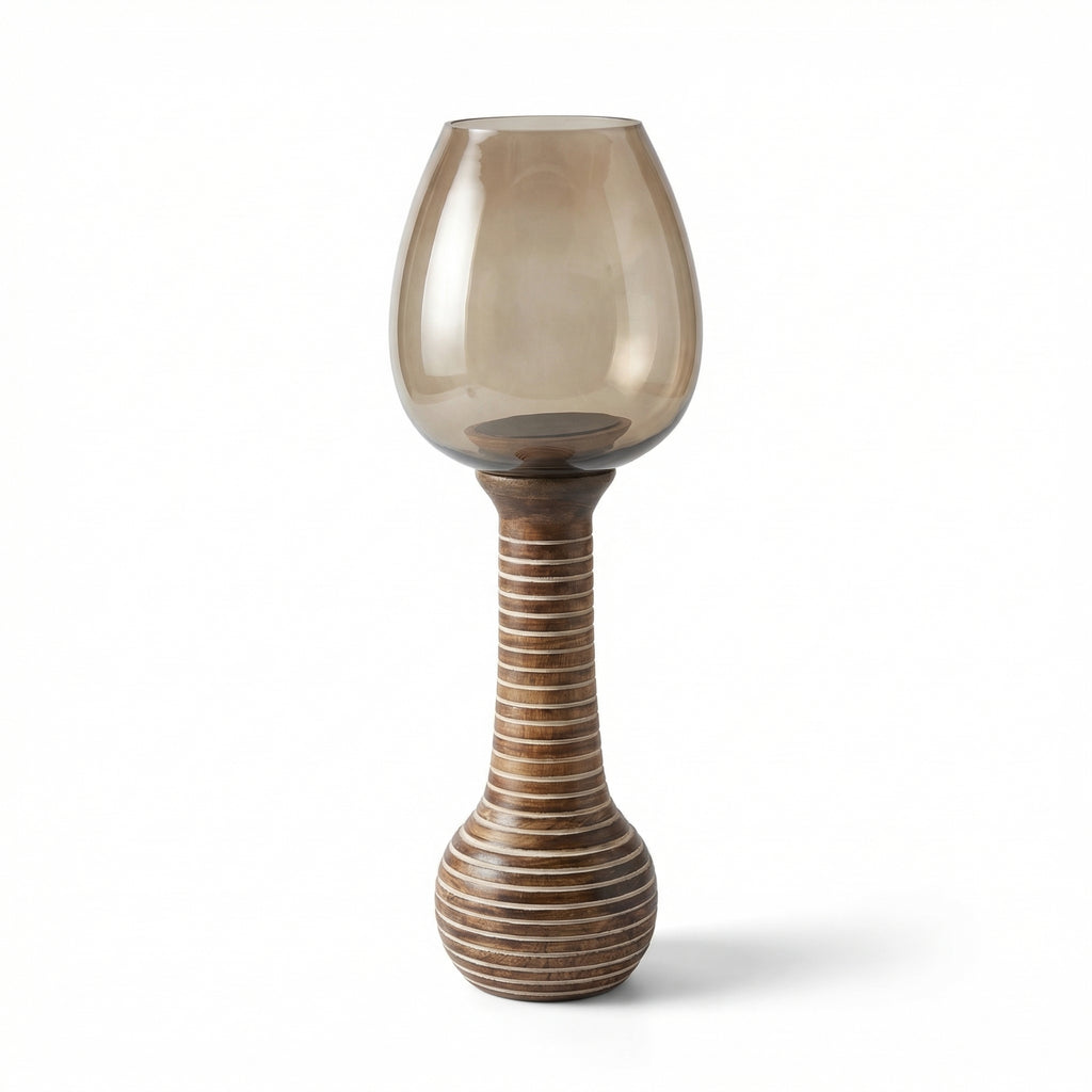 Hurricane Candle Stand | Wooden | Brown Glass 54x18x18cm