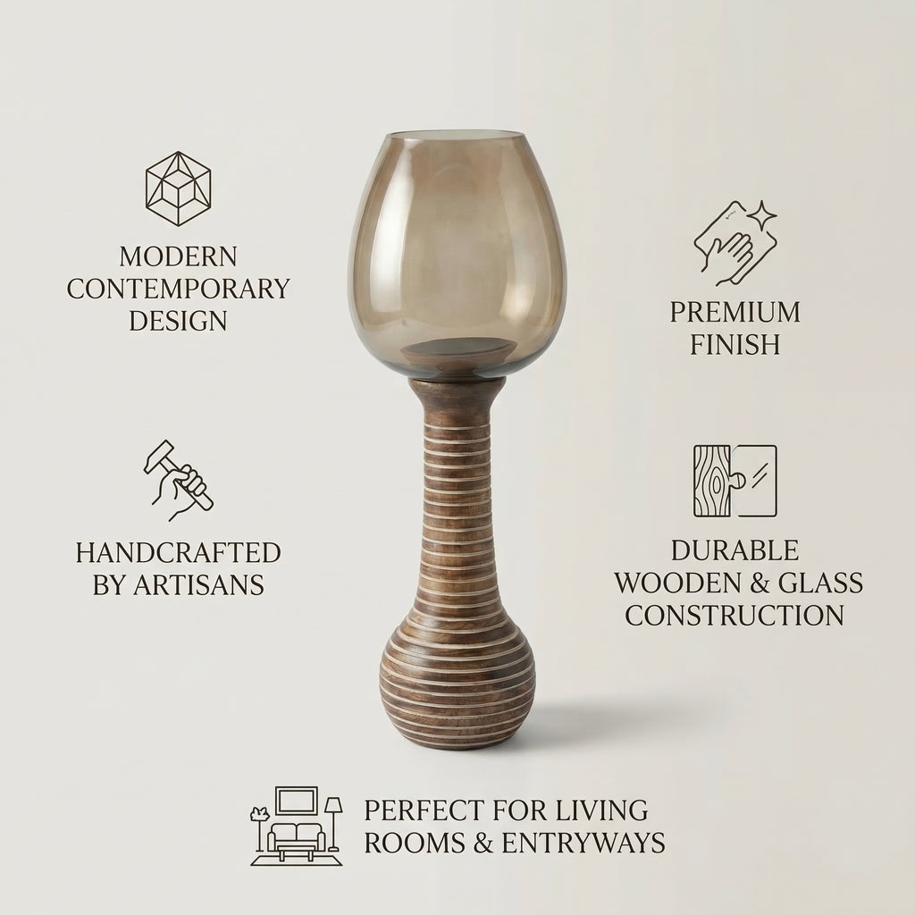 Hurricane Candle Stand | Wooden | Brown Glass 54x18x18cm