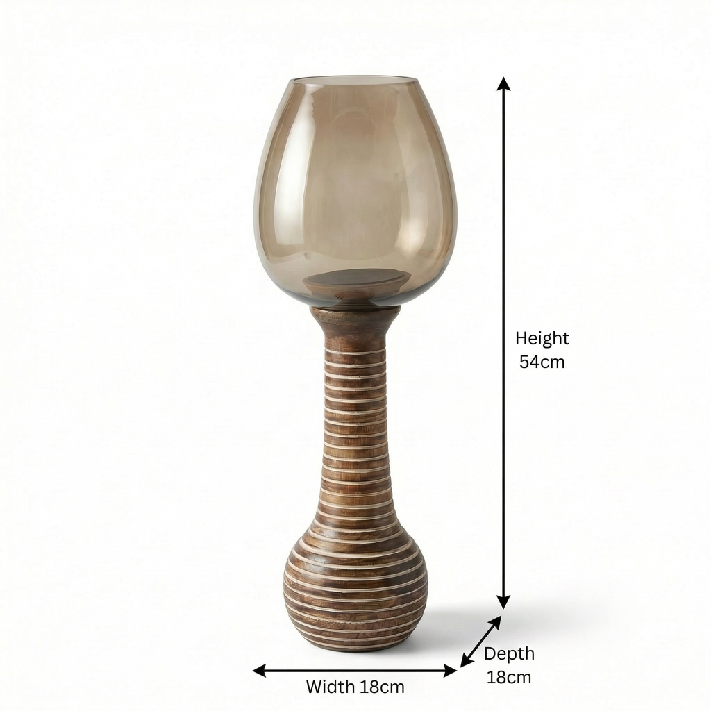 Hurricane Candle Stand | Wooden | Brown Glass 54x18x18cm