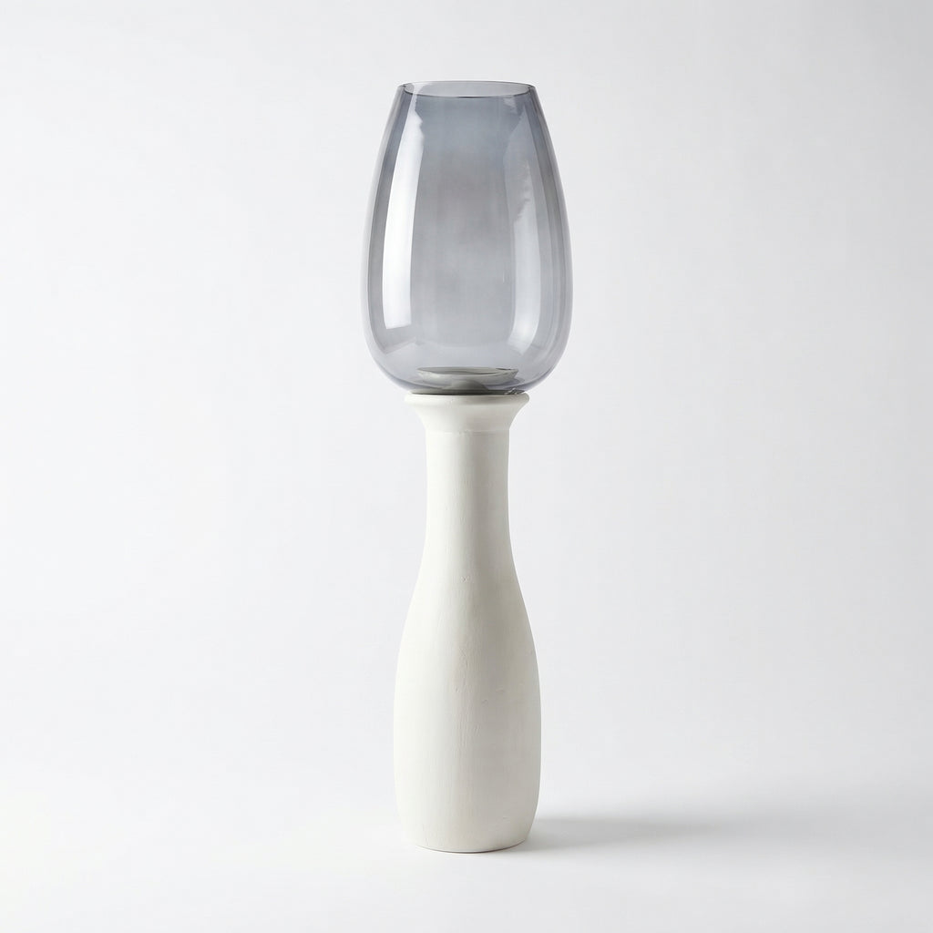Hurricane Candle Stand | Wooden | Blue Glass 77x20x20cm