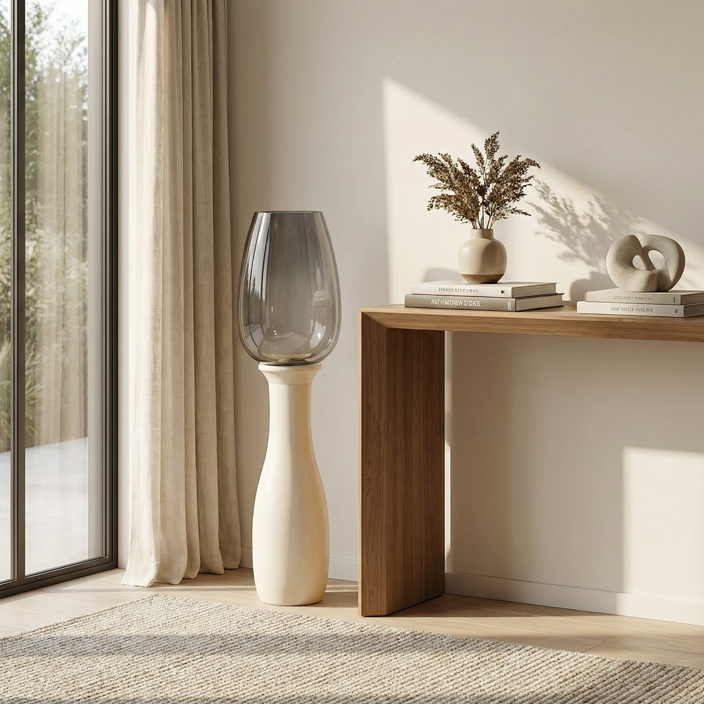 Hurricane Candle Stand | Wooden | Blue Glass 77x20x20cm